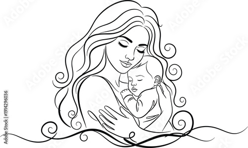 Elegant mother holding baby line art, black and white illustration, maternal love drawing, decorative swirls, family care, motherhood artwork design