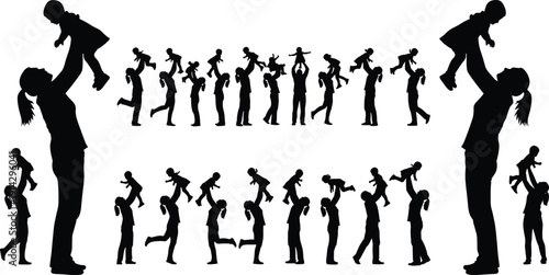 Family silhouette illustration set, parent child interaction artwork, playful lifting vector, joyful bonding design, dynamic pose graphic, childhood activity concept