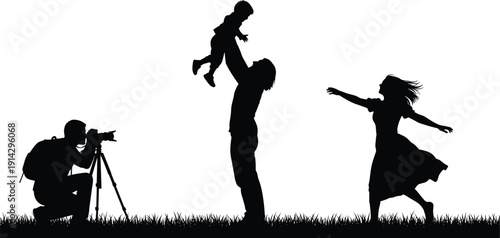 Family silhouette illustration, outdoor bonding artwork, joyful parenting vector, child lifting design, photography concept graphic, love connection scene, happy moment