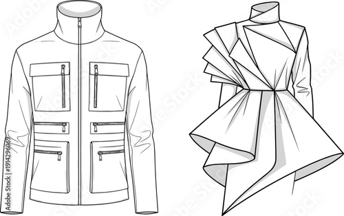 "Fashion design sketch of avant garde couture jacket and utilitarian outerwear, technical garment illustration, runway concept, stylish apparel drawing art"