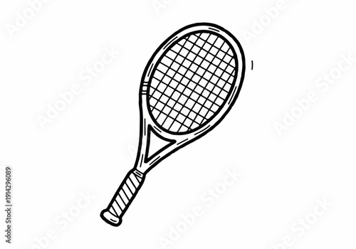 A simple, minimalist line drawing illustration of a tennis racket, perfect for sports and fitness related designs