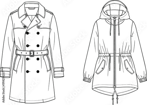 "Fashion illustration, technical sketch, trench coat, parka jacket, outerwear design, garment drawing, couture apparel, clothing template, vector style"