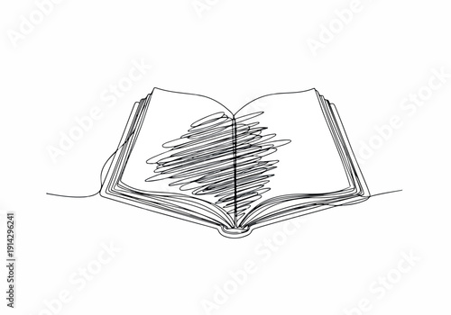 Minimalist single line drawing of an open book with scribbled pages, symbolizing creativity and imagination