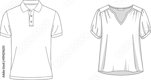 "Fashion technical flat sketch, short sleeve polo shirt with collar, button placket, and loose fit blouse with V-neckline"