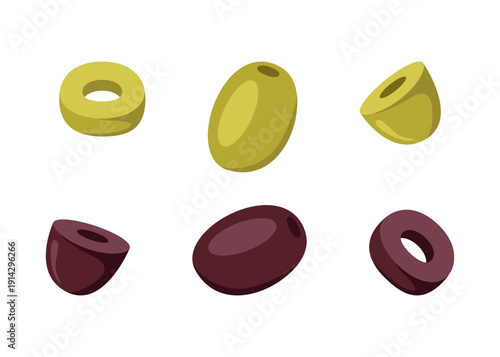 Green and black olives, sliced, half fruits. Vector illustration helthy food set isolated on white background