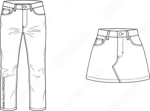 "Fashion technical sketch of denim jeans and flared skirt, black and white garment illustration, apparel design drawing, clothing pattern template"