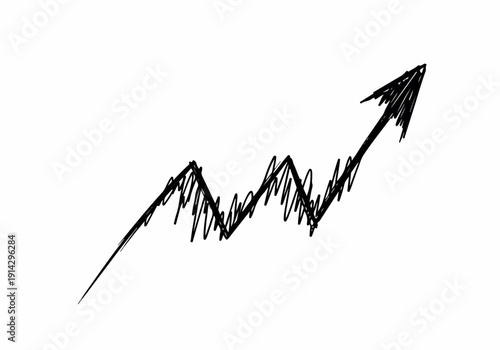 A rough, hand-drawn arrow pointing upwards with a jagged, fluctuating line representing growth and upward trend, perfect for illustrating progress and positive change
