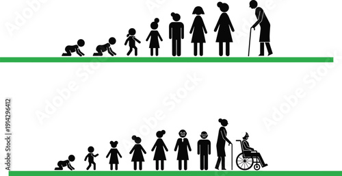 Human life cycle silhouette, aging process illustration, stages of development artwork, growth progression vector, educational design, generational timeline, aging concept graphic