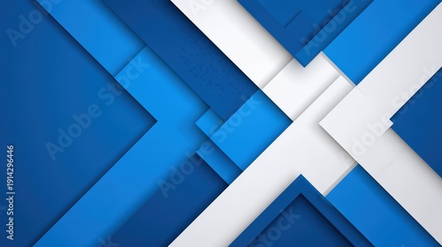 Abstract geometric design featuring overlapping blue and white layered shapes forming a modern, angular pattern.