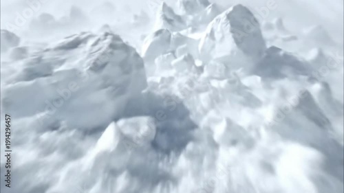 Powerful avalanche rushing down a snowy mountain slope. Large chunks of ice and snow tumbling towards the camera. Winter natural disaster concept