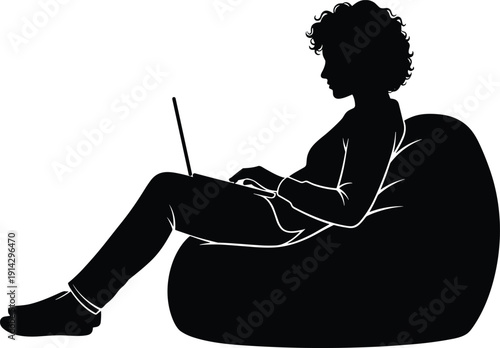 Laptop silhouette illustration, bean bag chair, casual posture, relaxed working, remote study, online learning, home office design, leisure computing, modern lifestyle