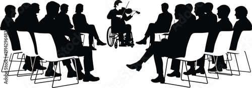 Inclusive performance illustration, violin  wheelchair musician, audience silhouette, accessibility art, diversity design, music scene, cultural event, artistic representation, community gathering