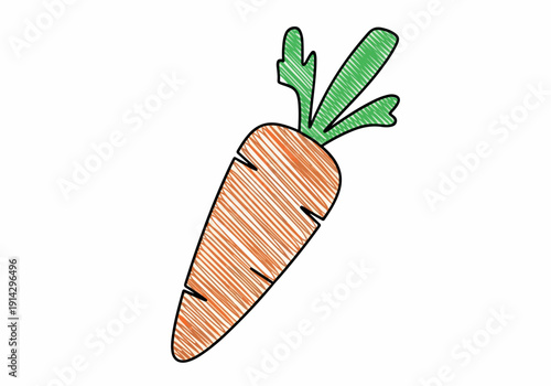 Hand-drawn sketch of a fresh carrot with green leaves on a white background, illustrating healthy eating and organic produce