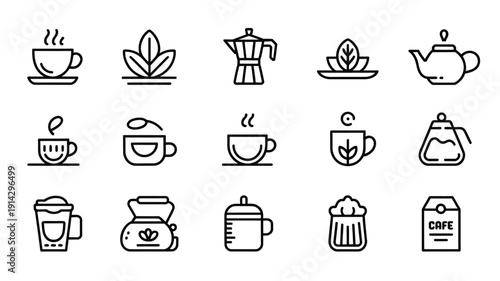  Coffee and Tea Line Icon Set. Cafe, Beverage, Espresso, Teapot, Hot Drink Icons. Editable Stroke. Vector Illustration