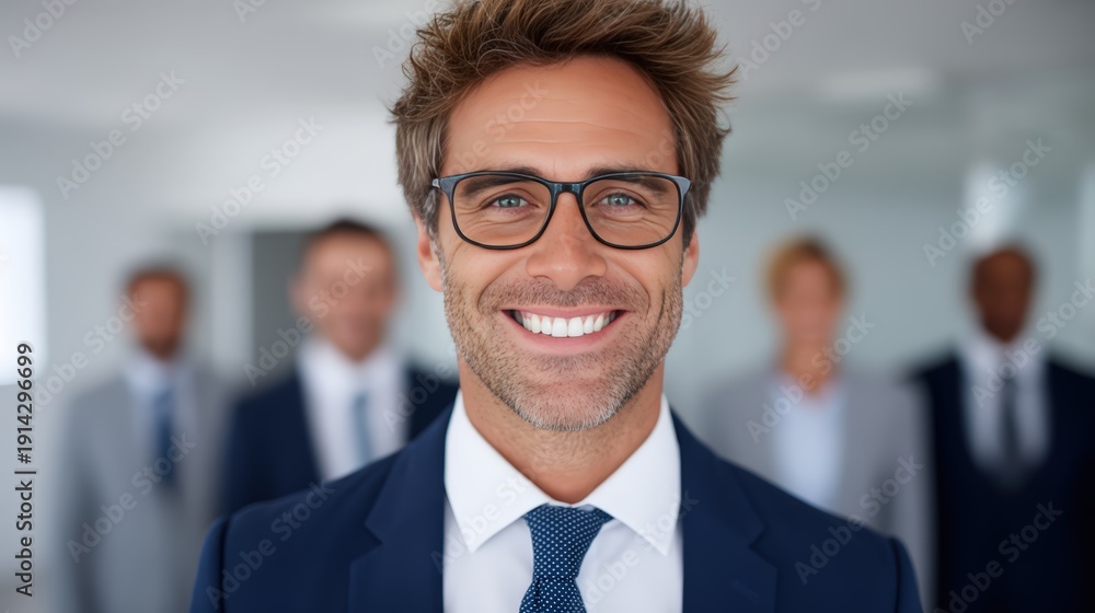 Fototapeta premium A confident businessman with glasses smiles at the camera, with blurred colleagues in suits standing behind him in a professional office setting.