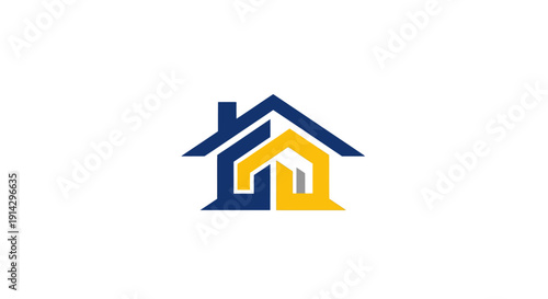 Stylized house logo with blue and yellow elements.