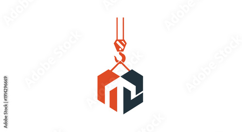 3D cube logo design being lifted by a hook symbolizing strength and stability.