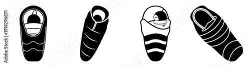 Three modern black and white sleeping bags with zipper isolated on white background outdoor camping gear