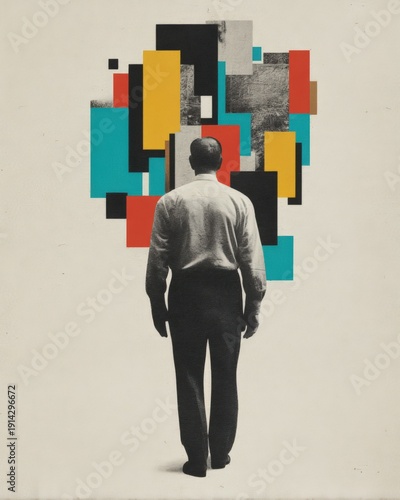 A man stands facing away, observing an abstract arrangement of colorful geometric shapes on a plain background.