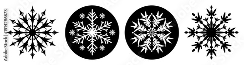 Elegant black and white snowflake designs isolated on transparent background for winter holiday crafts and decorations