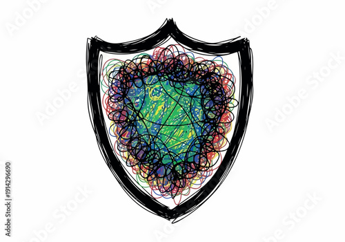 A Shield with a Chaotic and Colorful Scribbled Center Representing Protection of Abstract Ideas or a Muddled Mind