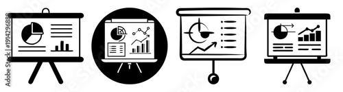 Set of four blank presentation boards with icons for business, marketing, analytics and technology concepts on white background