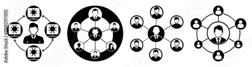 Professional business networking concept with interconnected team icons and global collaboration nodes in flat design