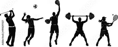 Sports silhouette illustration set, athletes in action, golf swing artwork, volleyball jump design, basketball dunk vector, weightlifting barbell, tennis player graphic