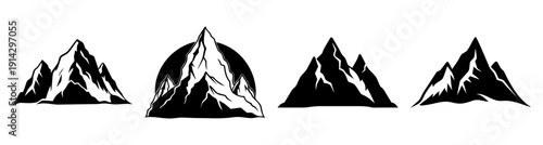 Four black mountain peaks silhouette minimalist vector design isolated on white background nature landscape