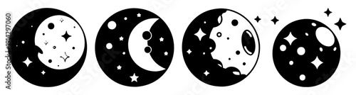 Lunar cycle phases illustration set with stars and crescent moons in minimalist black and white design