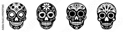 Mexican sugar skull set vector illustration, colorful Day of the Dead decorative skulls, traditional Dia de los Muertos art, black background