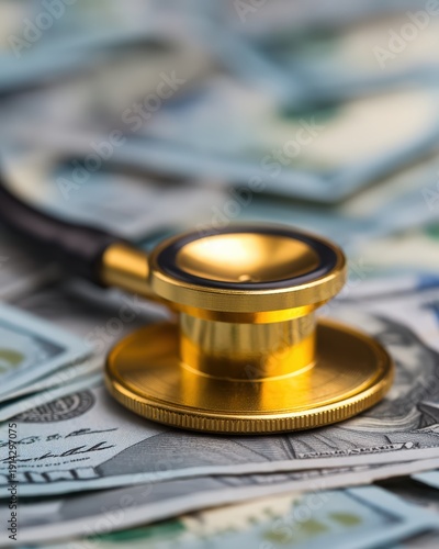 A gold stethoscope placed on a pile of US dollar bills, symbolizing the connection between healthcare and financial costs.