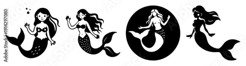 Four cartoon mermaids swimming in black circle ocean waves vector illustration fantasy sea creatures