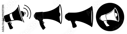 Three black megaphones with sound waves isolated on white background for advertising and communication concepts