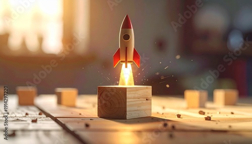 Toy rocket launching from wooden block, symbolizing startup success and innovation.