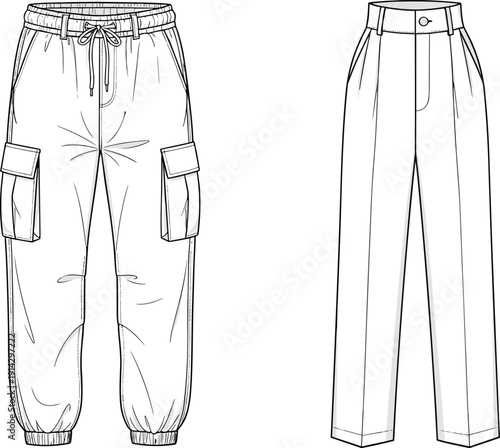 "Technical fashion illustration of cargo pants with elastic cuffs and tailored trousers with pleats, detailed garment sketch for apparel design"