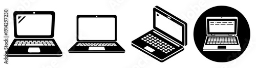 Set of four modern laptops in open and closed positions on white background for business and technology concepts