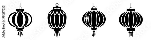 Set of four traditional Chinese red paper lanterns with tassels for festival celebration decoration