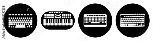 White computer keyboard keys with musical piano notes layout on black circular background minimalist design