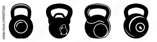 Set of four black kettlebells isolated on white background for fitness, strength training, and gym workout equipment