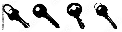 Set of four black metal keys isolated on white background for security access unlocking solutions