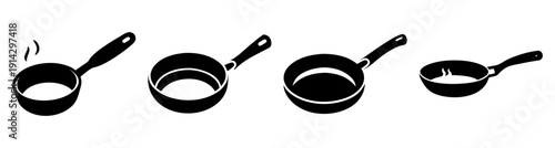 Set of four black frying pans isolated on white background for cooking and kitchen concept