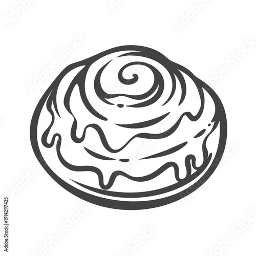 Glazed cinnamon roll with spiral dough and dripping icing topping. Sweet bakery pastry in retro line style, monochrome dessert graphic for cafe menu, logo, packaging, vector illustration.