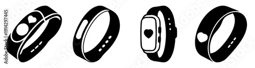 Black smart fitness tracker rings with digital display and touch controls isolated on white background