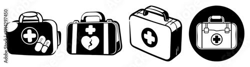 First aid kits collection with medical supplies and emergency icons flat design vector illustration set