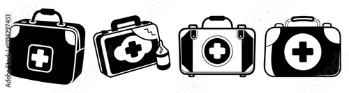 First aid kits set isolated on white background medical emergency supplies vector illustration flat design