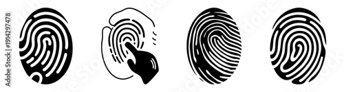 Minimalist black fingerprint icons set isolated on white background for security biometrics identity verification vector illustration