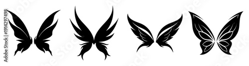 Set of five black and blue gradient fairy butterfly wings isolated on transparent background for fantasy design