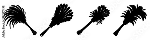 Set of four minimalist black feather dusters isolated on white background for cleaning and decor