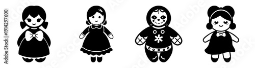 Set of four black and white paper dolls in vintage dresses and floral patterns isolated on white background